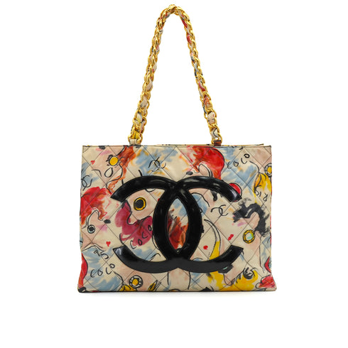 VINTAGE CHANEL BIG COCO CHAIN TOTE BAG MULTICOLOR COATED CANVAS HAWAII LIMITED EDITION GOLD HARDWARE 90343966