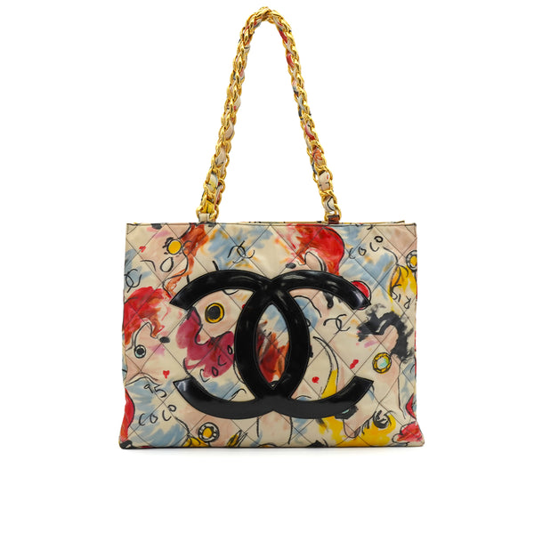 VINTAGE CHANEL BIG COCO CHAIN TOTE BAG MULTICOLOR COATED CANVAS HAWAII LIMITED EDITION GOLD HARDWARE 90343966