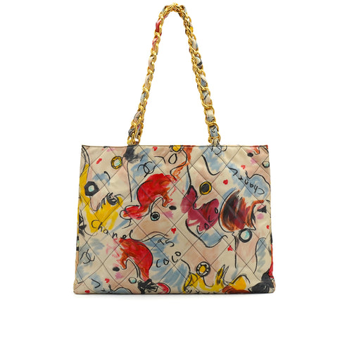 VINTAGE CHANEL BIG COCO CHAIN TOTE BAG MULTICOLOR COATED CANVAS HAWAII LIMITED EDITION GOLD HARDWARE 90343966