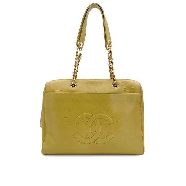 VINTAGE CHANEL BIG COCO CHAIN TOTE BAG YELLOW CAVIAR SKIN GOLD HARDWARE 90317774