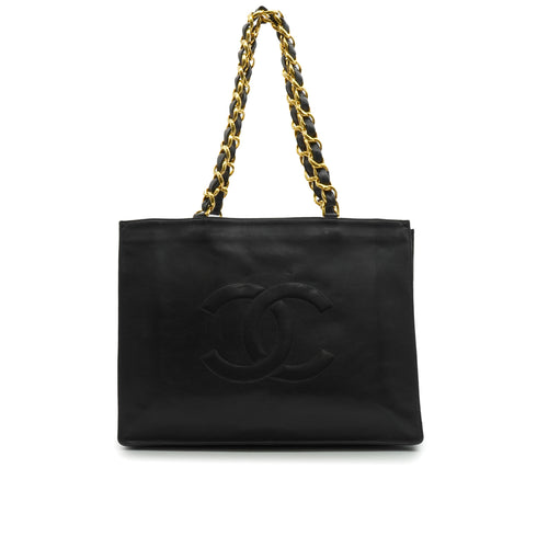 VINTAGE CHANEL BIG COCO CHAIN TOTE SHOULDER BAG BLACK LEATHER GOLD HARDWARE 90345505