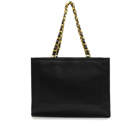 VINTAGE CHANEL BIG COCO CHAIN TOTE SHOULDER BAG BLACK LEATHER GOLD HARDWARE 90345505