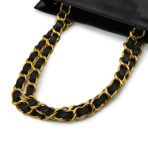 VINTAGE CHANEL BIG COCO CHAIN TOTE SHOULDER BAG BLACK LEATHER GOLD HARDWARE 90345505