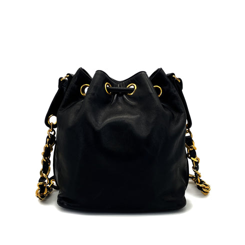VINTAGE CHANEL BIG COCO DRAWSTRING CHAIN SHOULDER BAG BLACK LAMB SKIN GOLD HARDWARE 90319984