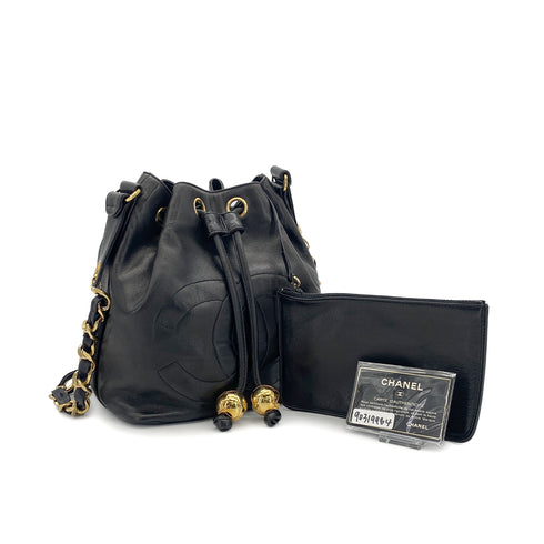 VINTAGE CHANEL BIG COCO DRAWSTRING CHAIN SHOULDER BAG BLACK LAMB SKIN GOLD HARDWARE 90319984