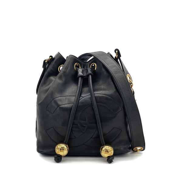 VINTAGE CHANEL BIG COCO DRAWSTRING CHAIN SHOULDER BAG BLACK LAMB SKIN GOLD HARDWARE 90319984
