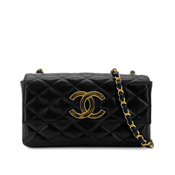 VINTAGE CHANEL BIG COCO MATELASSE CHAIN SHOULDER BAG BLACK LAMB SKIN GOLD HARDWARE 90315874