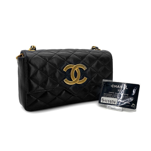 VINTAGE CHANEL BIG COCO MATELASSE CHAIN SHOULDER BAG BLACK LAMB SKIN GOLD HARDWARE 90315874