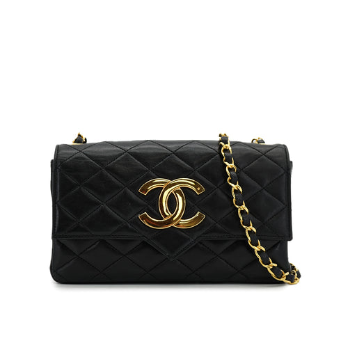VINTAGE CHANEL BIG COCO MATELASSE CHAIN SHOULDER BAG BLACK LAMB SKIN GOLD HARDWARE 90324750