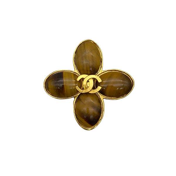 VINTAGE CHANEL BROOCH FLOWER COCOMARK TIGER EYE GOLD ACCESSORY 95A 90319669