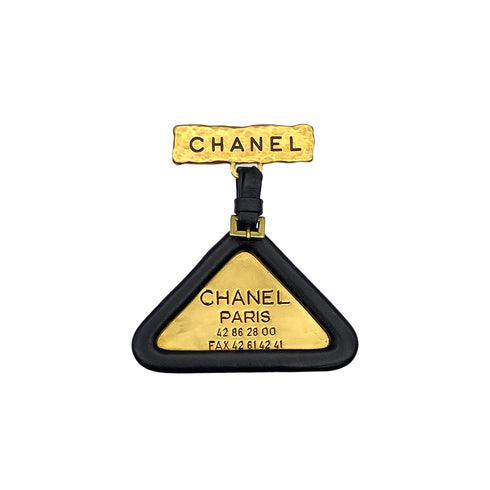 VINTAGE CHANEL BROOCH LOGO BLACK GOLD LEATHER ACCESSORY 94P 90319670