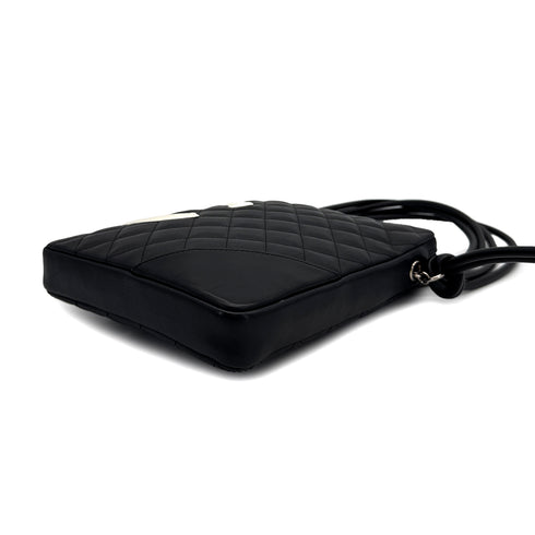 VINTAGE CHANEL CAMBON LINE SHOULDER BAG BLACK LEATHER SILVER HARDWARE 90313342
