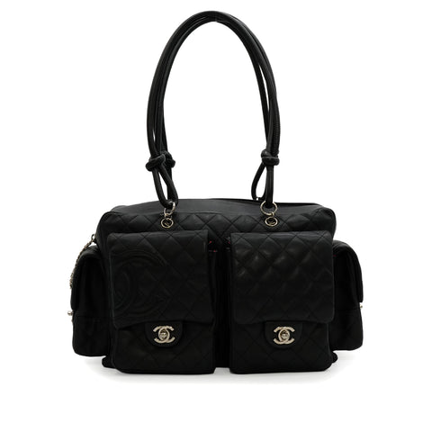 VINTAGE CHANEL CAMBON MULTIPOCKET SHOULDER BAG BLACK LEATHER SILVER HARDWARE 90346669