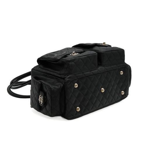 VINTAGE CHANEL CAMBON MULTIPOCKET SHOULDER BAG BLACK LEATHER SILVER HARDWARE 90346669