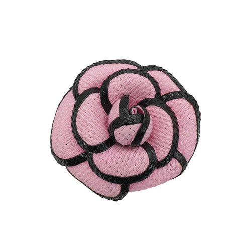 VINTAGE CHANEL CAMELLIA CORSAGE BROOCH PINK BLACK TWEED ACCESSORY 90335771
