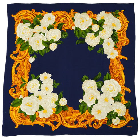 VINTAGE CHANEL CAMELLIA FLOWER PATTERN SCARF GOLD NAVY SILK 90339438
