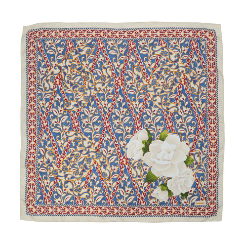 VINTAGE CHANEL CAMELLIA FLOWER PATTERN SCARF IVORY BLUE RED SILK 90325365
