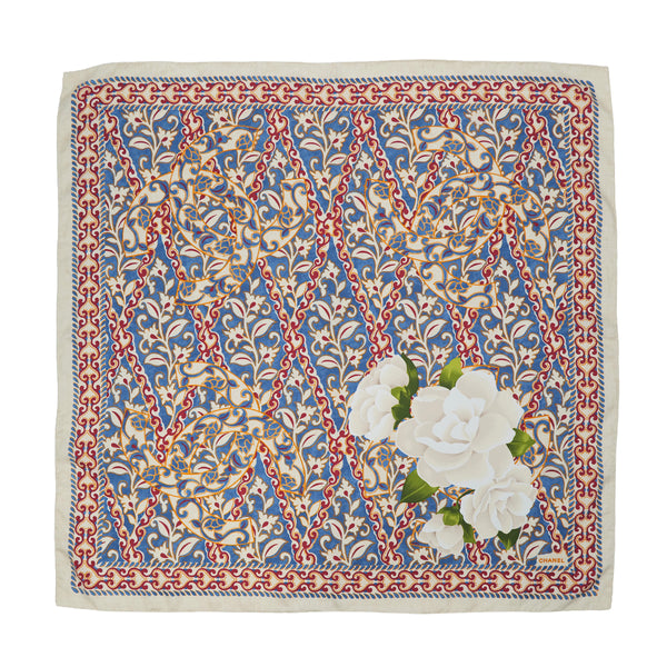 VINTAGE CHANEL CAMELLIA FLOWER PATTERN SCARF IVORY BLUE RED SILK 90325365