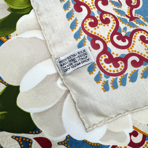 VINTAGE CHANEL CAMELLIA FLOWER PATTERN SCARF IVORY BLUE RED SILK 90325365
