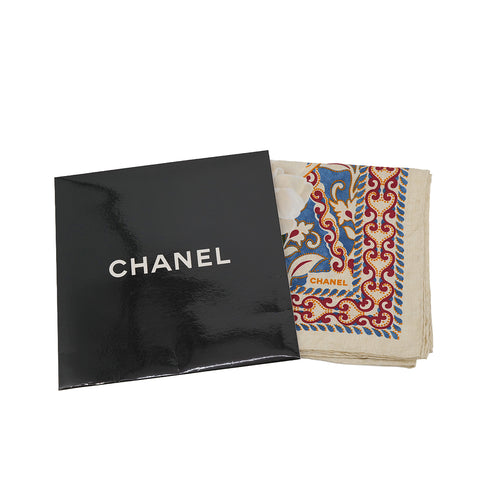 VINTAGE CHANEL CAMELLIA FLOWER PATTERN SCARF IVORY BLUE RED SILK 90325365
