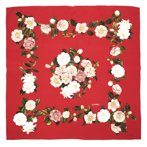 VINTAGE CHANEL CAMELLIA FLOWER PATTERN SCARF RED SILK 90337728