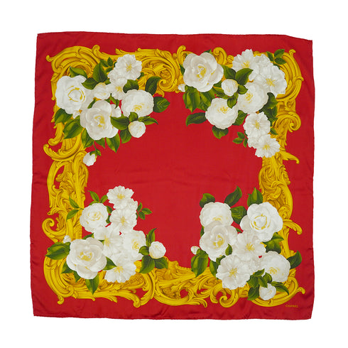 VINTAGE CHANEL CAMELLIA FLOWER PATTERN SCARF RED SILK 90328135