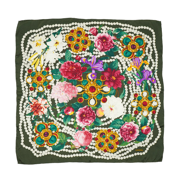VINTAGE CHANEL CAMELLIA GRIPOIX SCARF MULTICOLOR SILK 90335003
