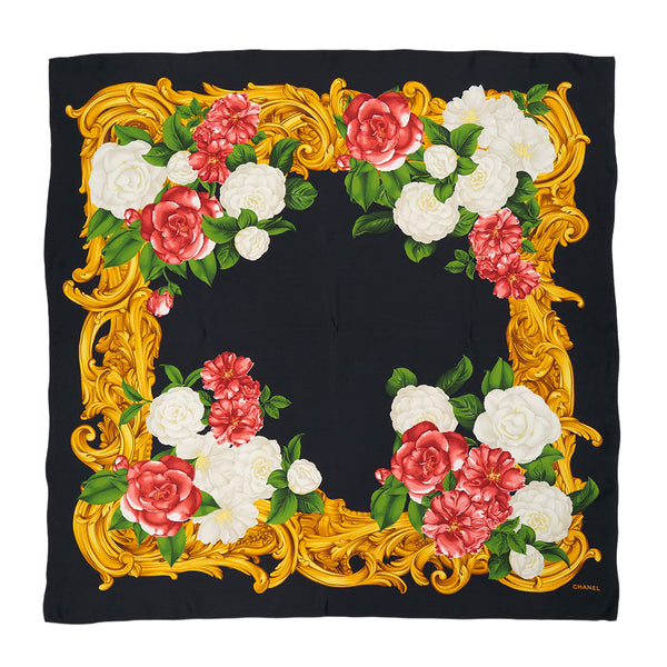 VINTAGE CHANEL CAMELLIA SCARF BLACK SILK 90324784