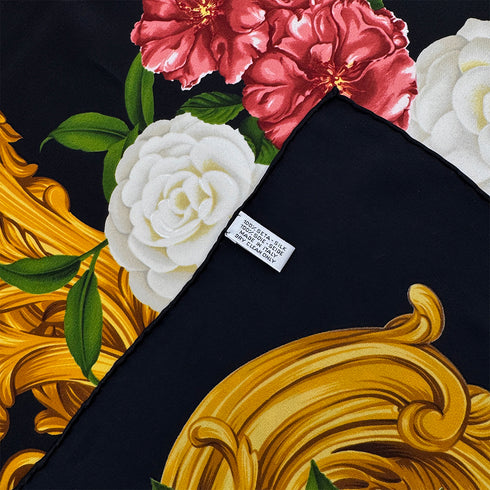 VINTAGE CHANEL CAMELLIA SCARF BLACK SILK 90324784