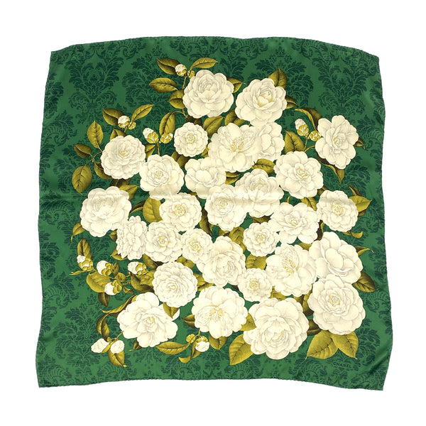 VINTAGE CHANEL CAMELLIA SCARF GREEN WHITE SILK 90323122