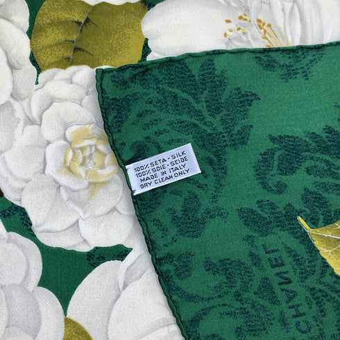VINTAGE CHANEL CAMELLIA SCARF GREEN WHITE SILK 90323122