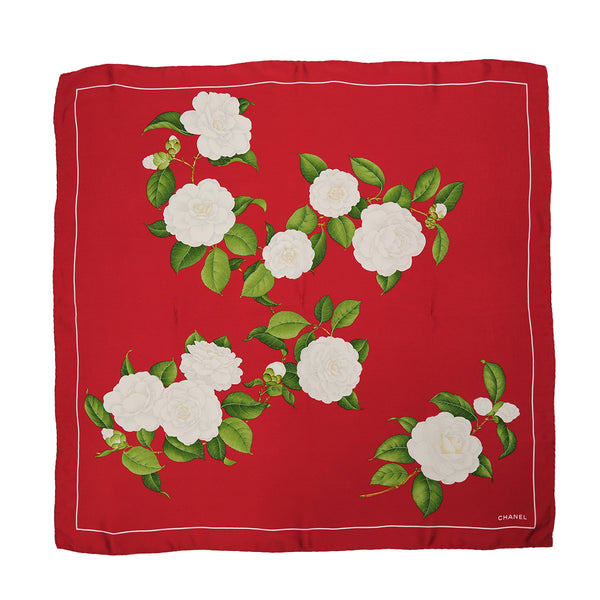 VINTAGE CHANEL CAMELLIA SCARF RED SILK 90323163