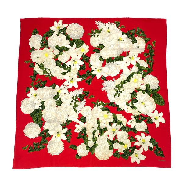 VINTAGE CHANEL CAMELLIA SCARF RED WHITE GREEN SILK 90313884