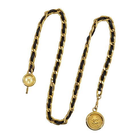 VINTAGE CHANEL CHAIN BELT COCOMARK BLACK GOLD LEATHER ACCESSORY 95A 90324127