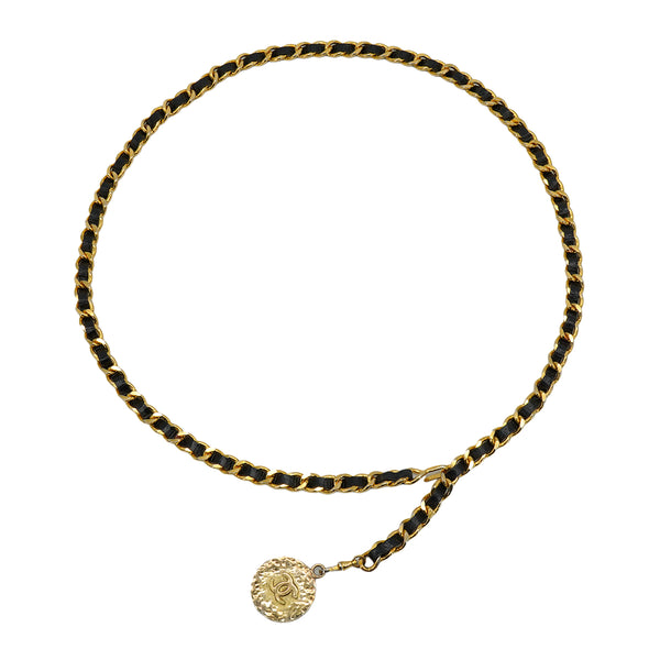 VINTAGE CHANEL CHAIN BELT COCOMARK GOLD BLACK LEATHER ACCESSORY 90334893