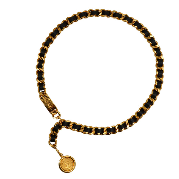 VINTAGE CHANEL CHAIN BELT COCOMARK GOLD BLACK LEATHER ACCESSORY 90338251