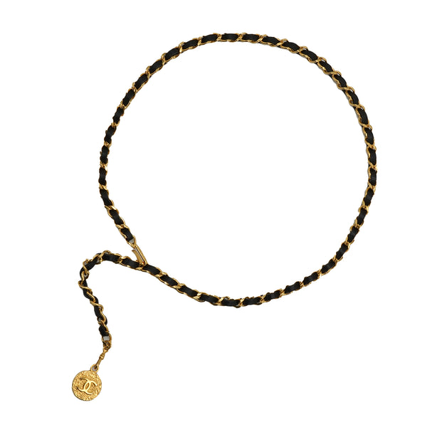 VINTAGE CHANEL CHAIN BELT COCOMARK GOLD BLACK LEATHER ACCESSORY 90339132