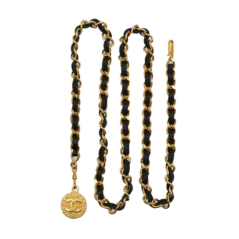 VINTAGE CHANEL CHAIN BELT COCOMARK GOLD BLACK LEATHER ACCESSORY 90339132