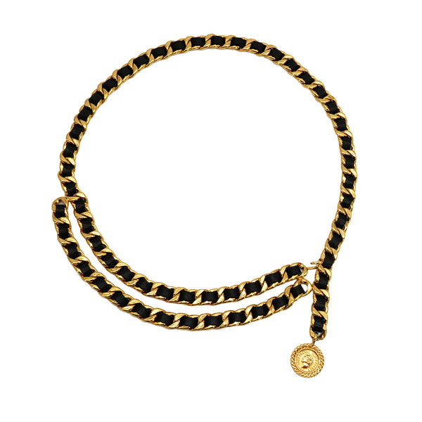 VINTAGE CHANEL CHAIN BELT MADEMOISELLE COCOMARK BLACK GOLD LEATHER ACCESSORY 90337720