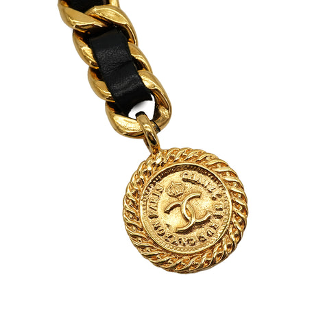 VINTAGE CHANEL CHAIN BELT MADEMOISELLE COCOMARK BLACK GOLD LEATHER ACCESSORY 90337720