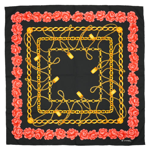 VINTAGE CHANEL CHAIN CAMELLIA PATTERN SCARF BLACK SILK 90345101