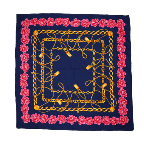 VINTAGE CHANEL CHAIN FLOWER PATTERN SCARF NAVY PINK SILK 90339686