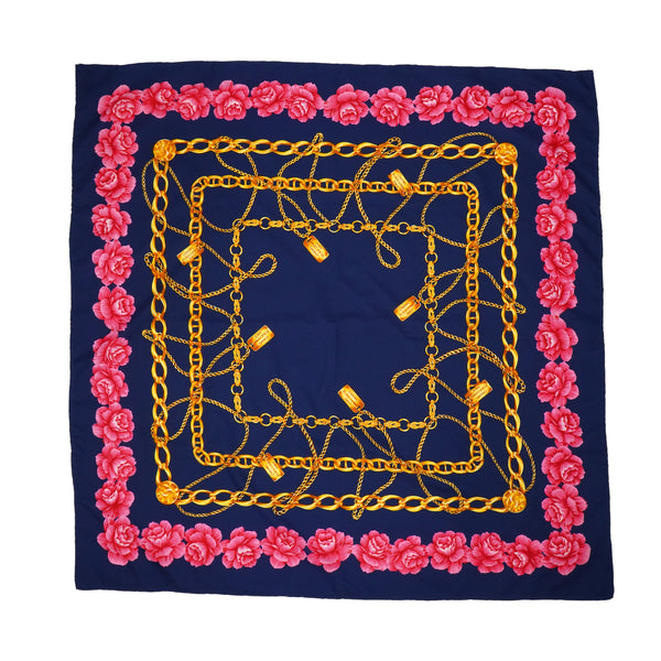VINTAGE CHANEL CHAIN FLOWER PATTERN SCARF NAVY PINK SILK 90339686