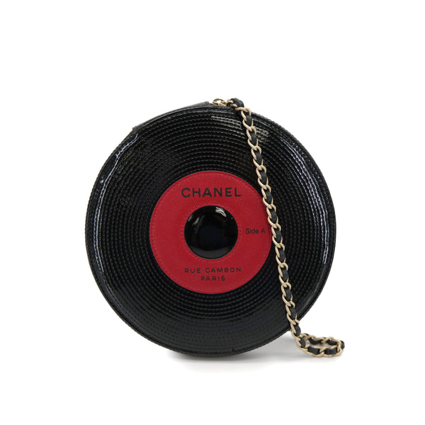VINTAGE CHANEL CHAIN HAND BAG RECORD MOTIF BLACK PATENT LEATHER 90321009