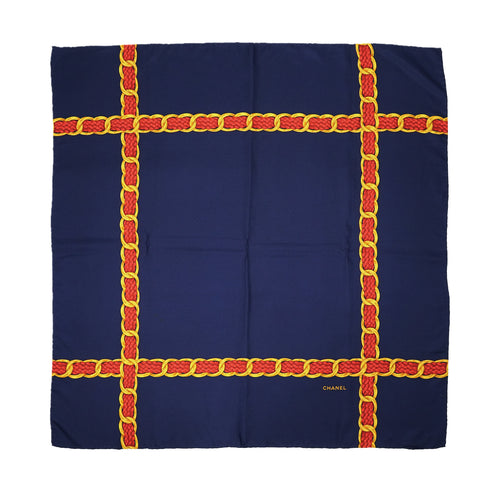 VINTAGE CHANEL CHAIN PATTERN SCARF NAVY GOLD RED SILK 90326715
