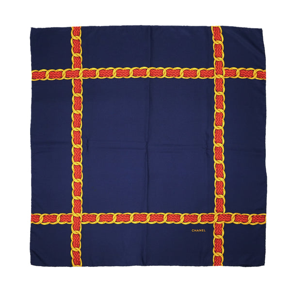 VINTAGE CHANEL CHAIN PATTERN SCARF NAVY GOLD RED SILK 90326715