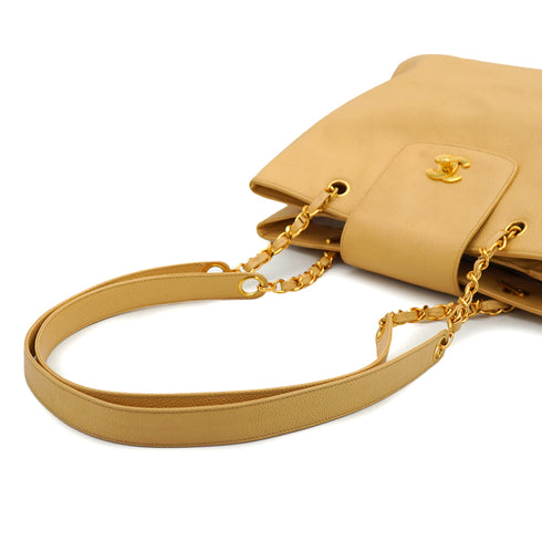 VINTAGE CHANEL CHAIN SHOULDER BAG BEIGE CAVIAR SKIN GOLD HARDWARE 90332929