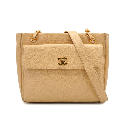 VINTAGE CHANEL CHAIN SHOULDER BAG BEIGE CAVIAR SKIN GOLD HARDWARE 90343933