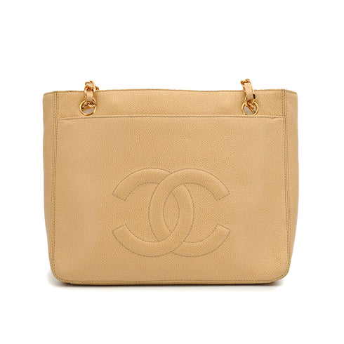VINTAGE CHANEL CHAIN SHOULDER BAG BEIGE CAVIAR SKIN GOLD HARDWARE 90343933