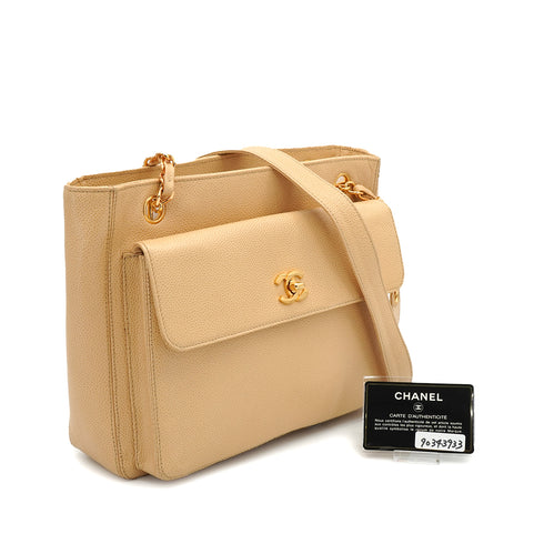 VINTAGE CHANEL CHAIN SHOULDER BAG BEIGE CAVIAR SKIN GOLD HARDWARE 90343933